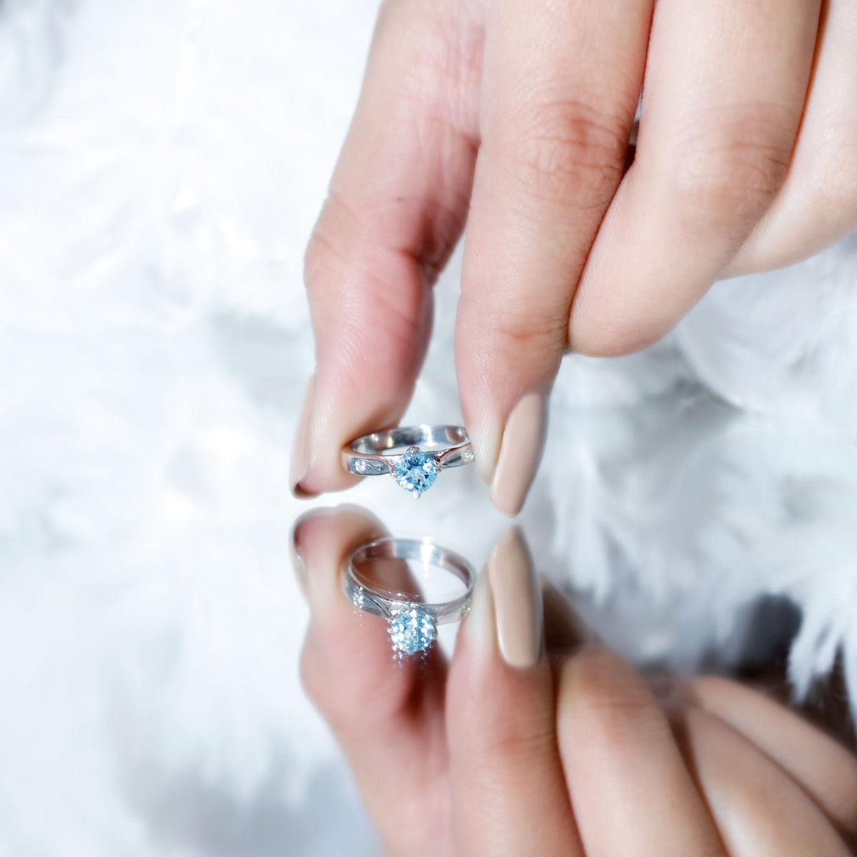 Aquamarine Promise Ring – Classic 6 MM Solitaire Blue Gemstone with Diamond Accent