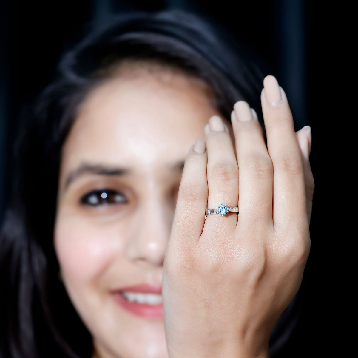 Aquamarine Promise Ring – Classic 6 MM Solitaire Blue Gemstone with Diamond Accent
