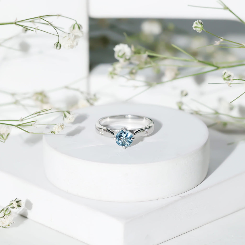 Aquamarine Promise Ring – Classic 6 MM Solitaire Blue Gemstone with Diamond Accent