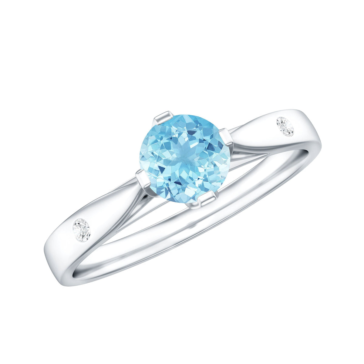 Aquamarine Promise Ring – Classic 6 MM Solitaire Blue Gemstone with Diamond Accent