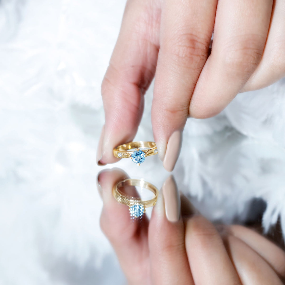 Aquamarine Promise Ring – Classic 6 MM Solitaire Blue Gemstone with Diamond Accent