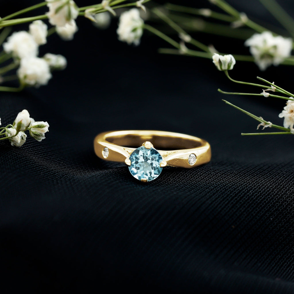 Aquamarine Promise Ring – Classic 6 MM Solitaire Blue Gemstone with Diamond Accent