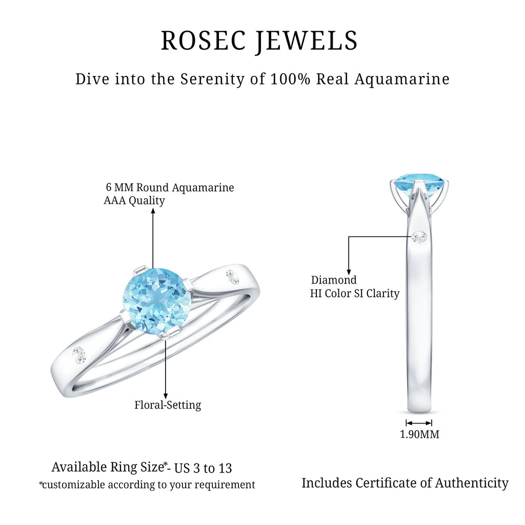 Aquamarine Promise Ring – Classic 6 MM Solitaire Blue Gemstone with Diamond Accent