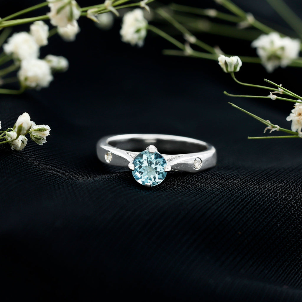 Aquamarine Promise Ring – Classic 6 MM Solitaire Blue Gemstone with Diamond Accent