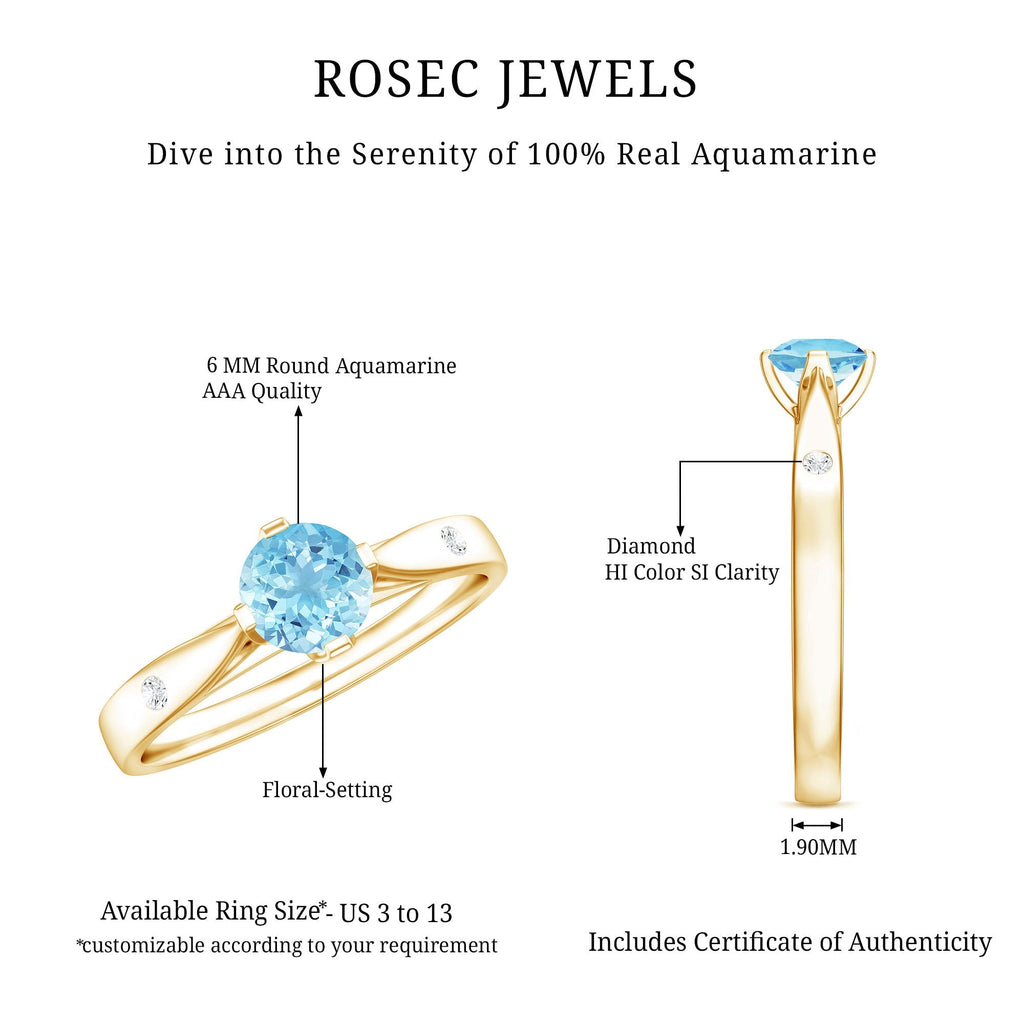 Aquamarine Promise Ring – Classic 6 MM Solitaire Blue Gemstone with Diamond Accent
