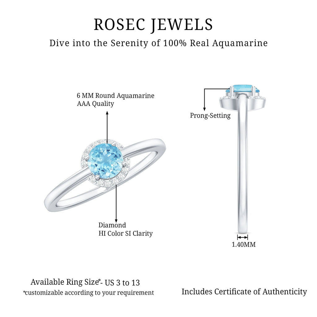 Aquamarine Promise Ring – Diamond Halo Ring with Round Cut Blue Gemstone