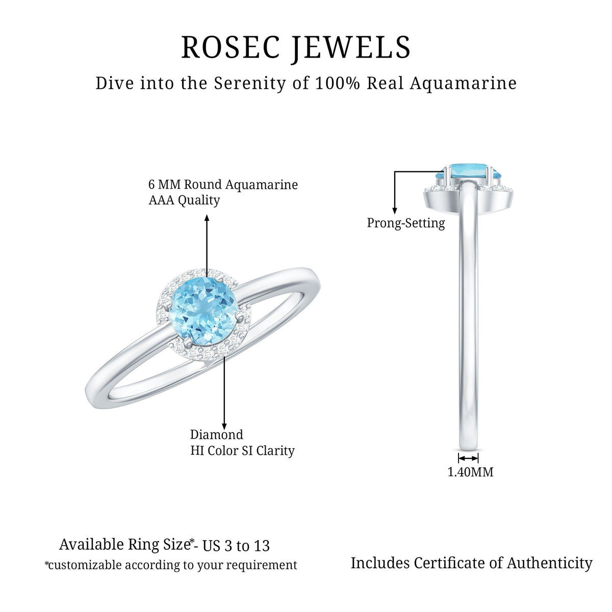 Aquamarine Promise Ring – Diamond Halo Ring with Round Cut Blue Gemstone