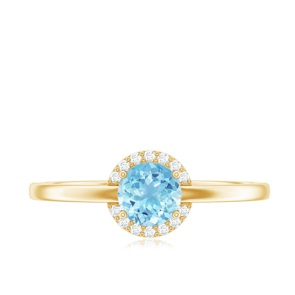 Aquamarine Promise Ring – Diamond Halo Ring with Round Cut Blue Gemstone