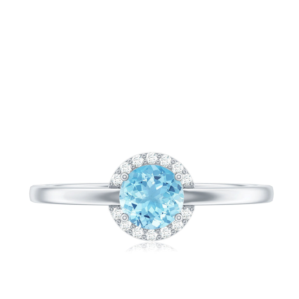 Aquamarine Promise Ring – Diamond Halo Ring with Round Cut Blue Gemstone