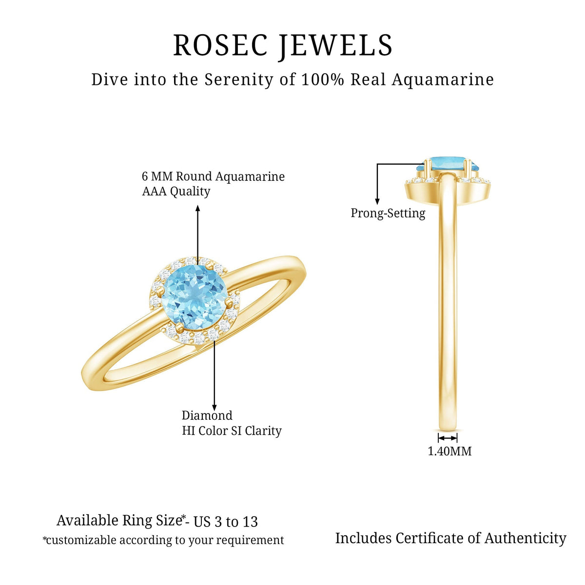 Aquamarine Promise Ring – Diamond Halo Ring with Round Cut Blue Gemstone