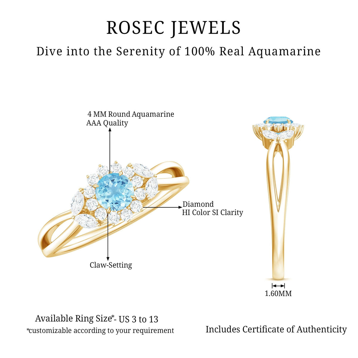Aquamarine Promise Ring – Floral Design with Diamond Halo & Split Shank Band