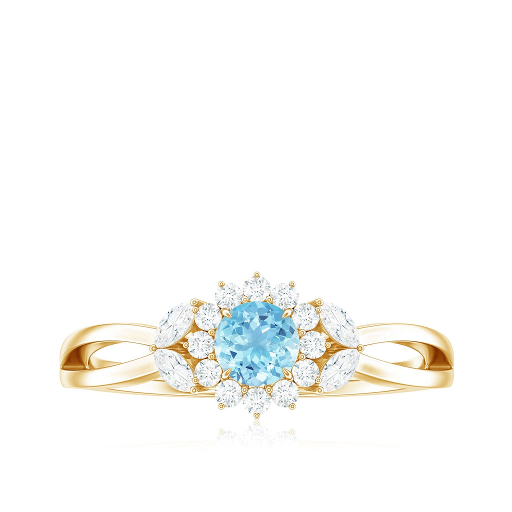 Aquamarine Promise Ring – Floral Design with Diamond Halo & Split Shank Band