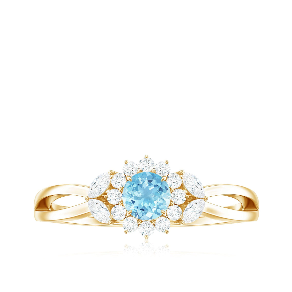 Aquamarine Promise Ring – Floral Design with Diamond Halo & Split Shank Band