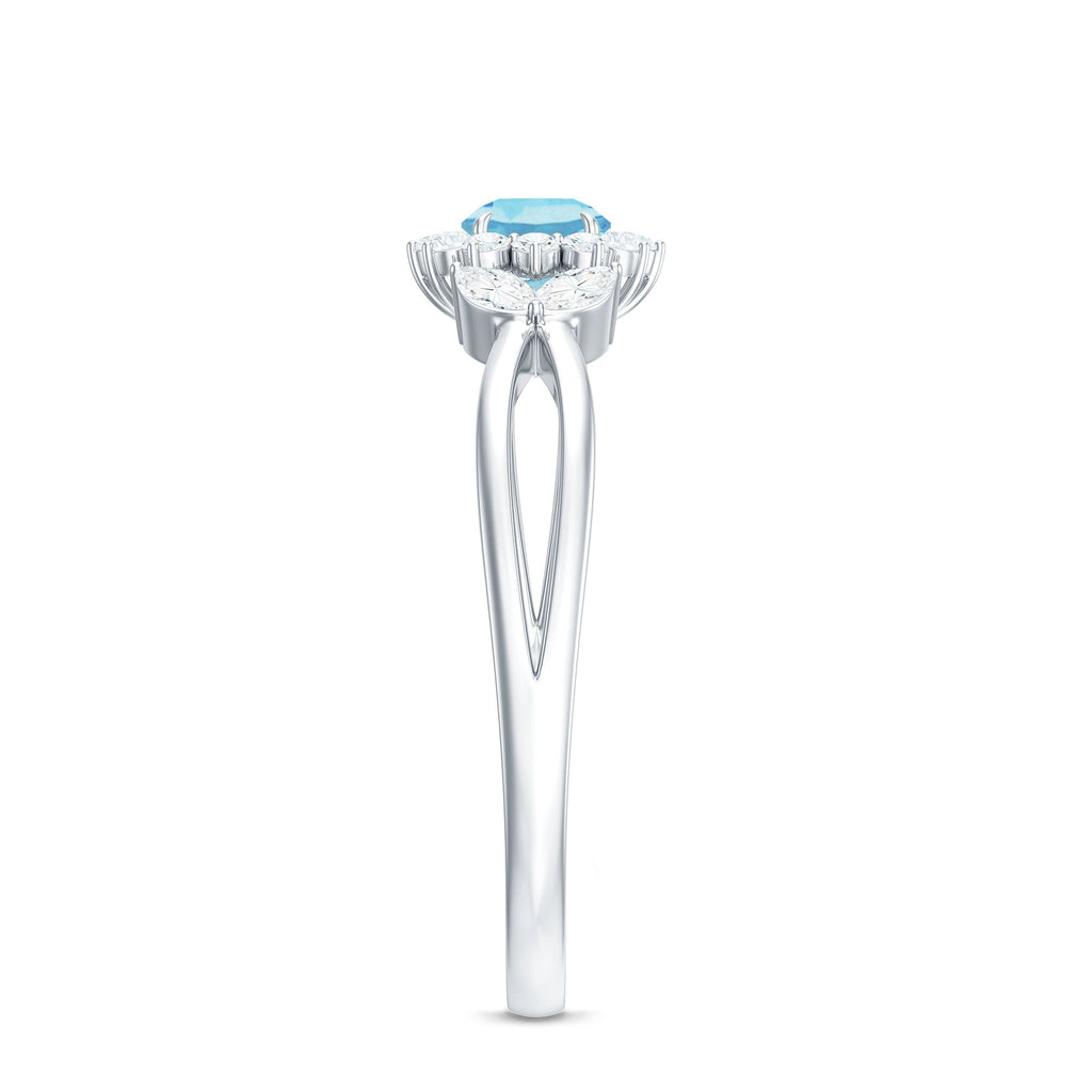 Aquamarine Promise Ring – Floral Design with Diamond Halo & Split Shank Band
