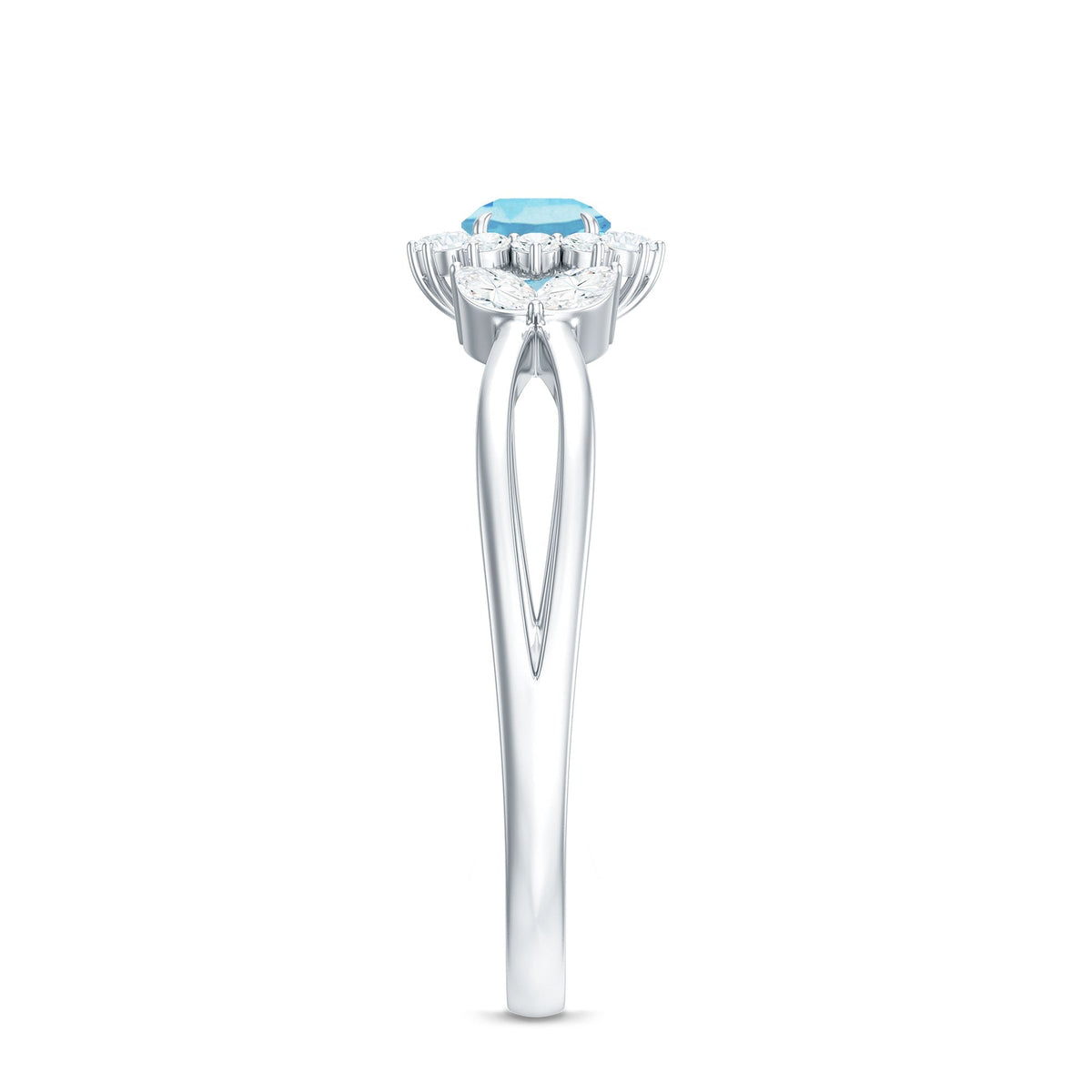 Aquamarine Promise Ring – Floral Design with Diamond Halo & Split Shank Band