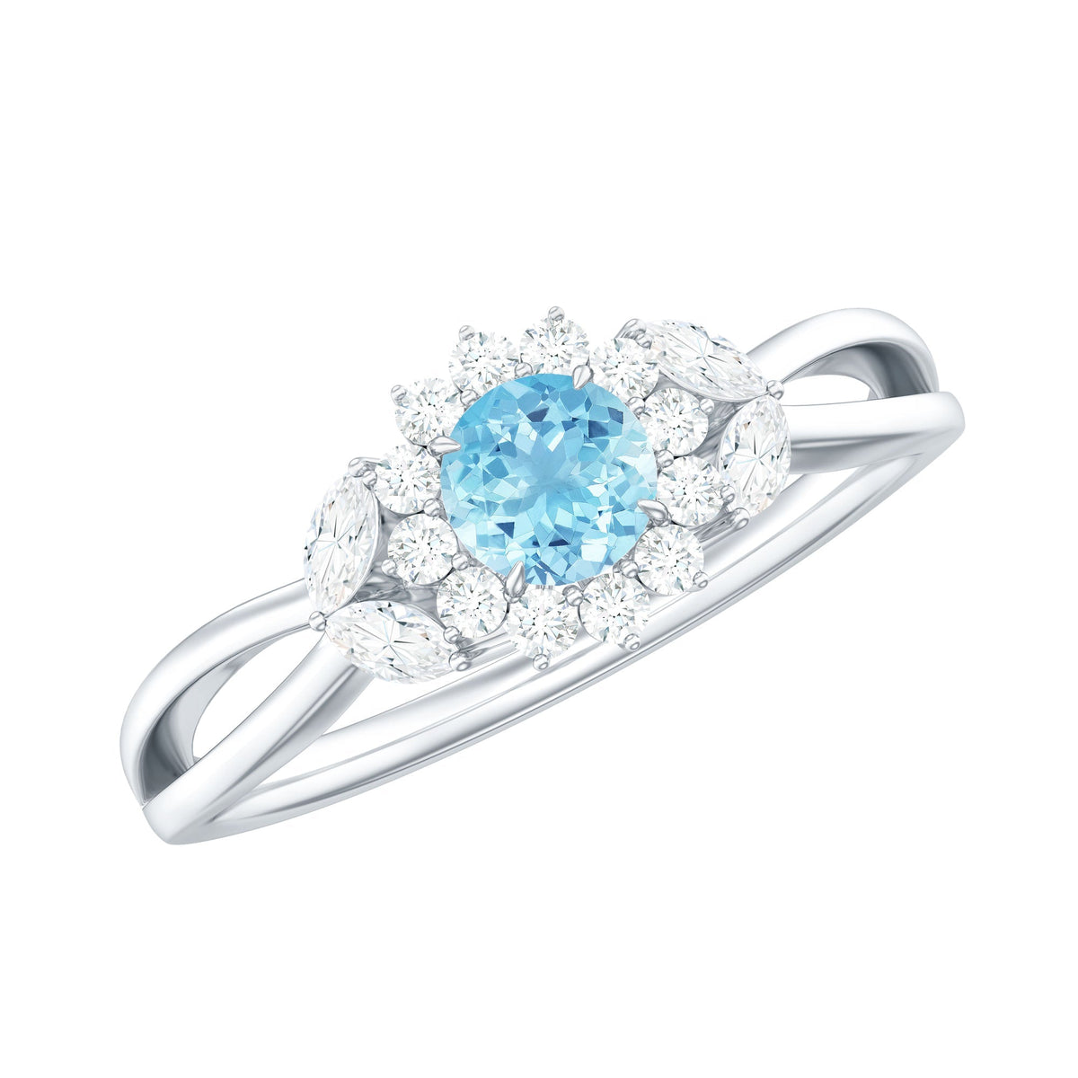 Aquamarine Promise Ring – Floral Design with Diamond Halo & Split Shank Band