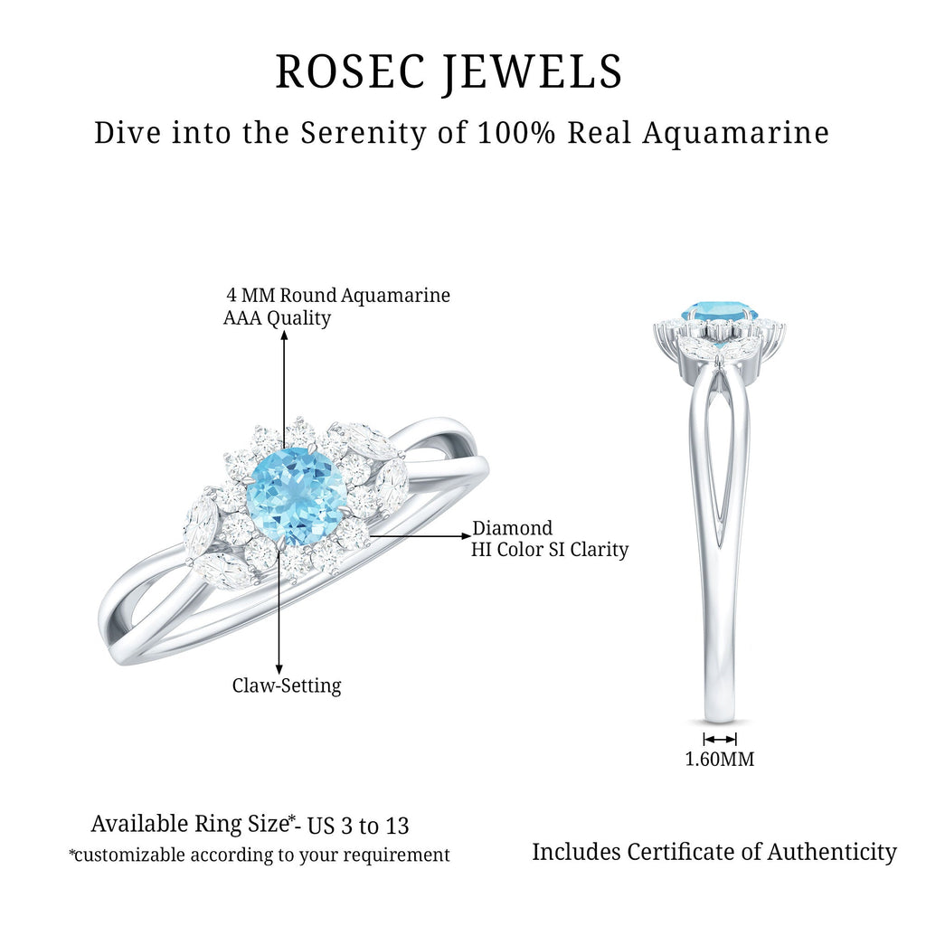 Aquamarine Promise Ring – Floral Design with Diamond Halo & Split Shank Band