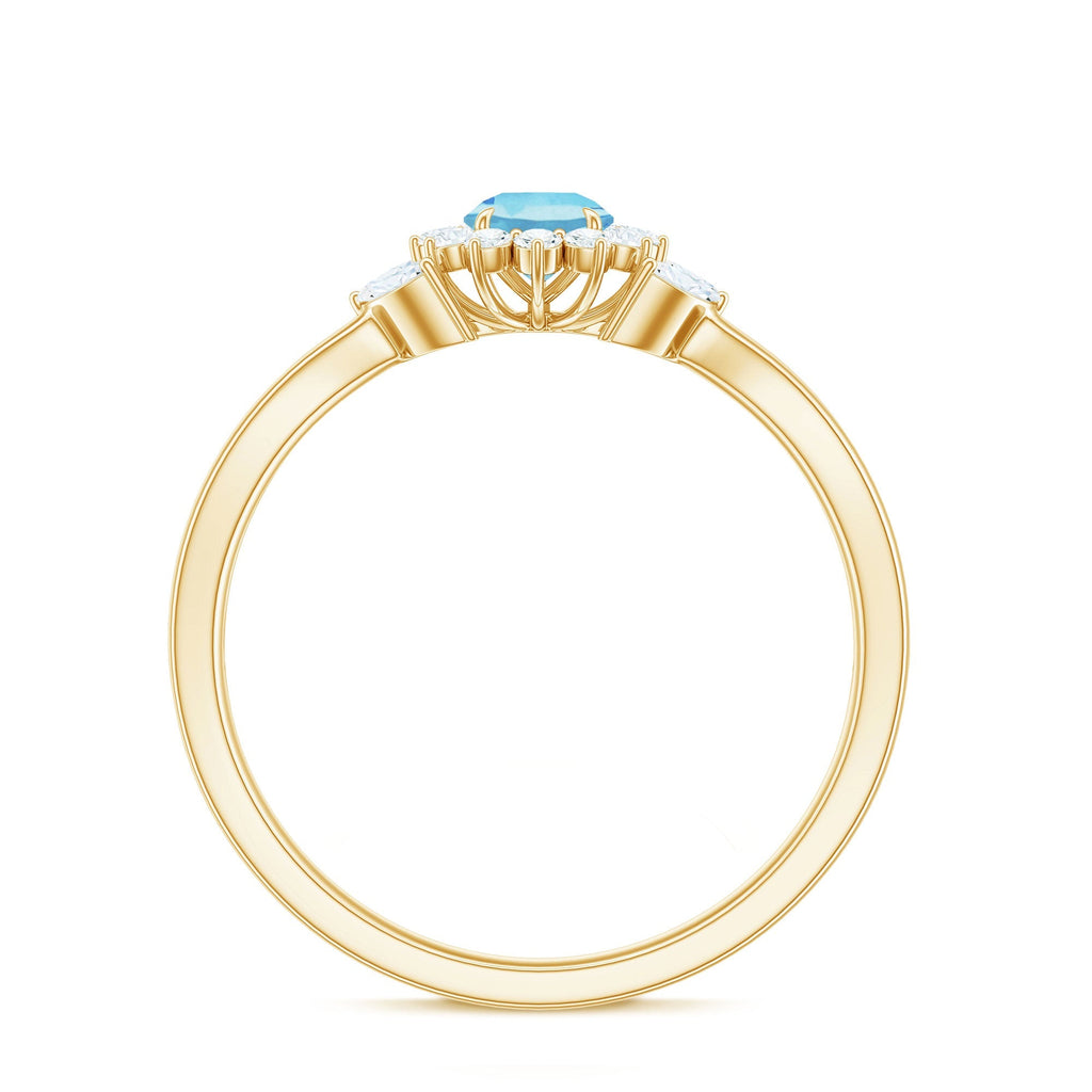 Aquamarine Promise Ring – Floral Design with Diamond Halo & Split Shank Band