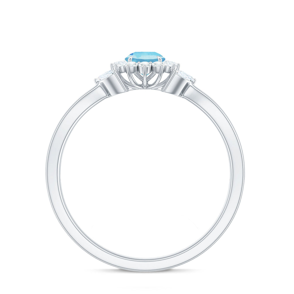Aquamarine Promise Ring – Floral Design with Diamond Halo & Split Shank Band