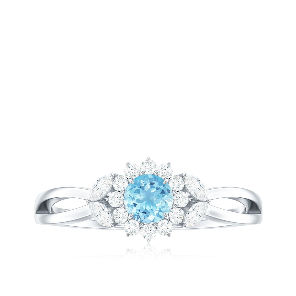 Aquamarine Promise Ring – Floral Design with Diamond Halo & Split Shank Band