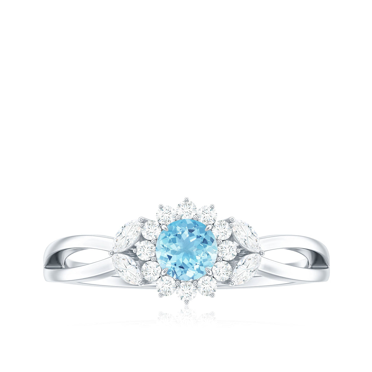 Aquamarine Promise Ring – Floral Design with Diamond Halo & Split Shank Band