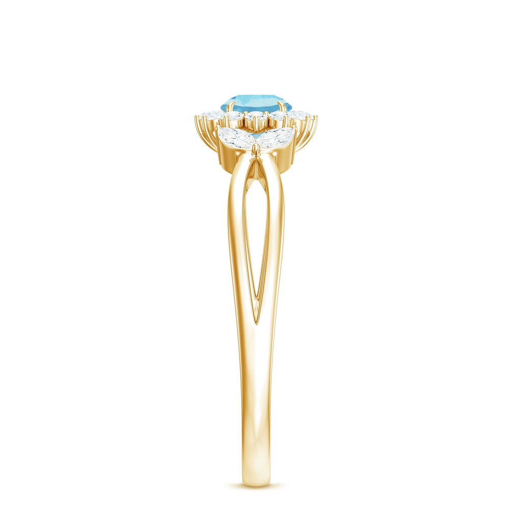 Aquamarine Promise Ring – Floral Design with Diamond Halo & Split Shank Band