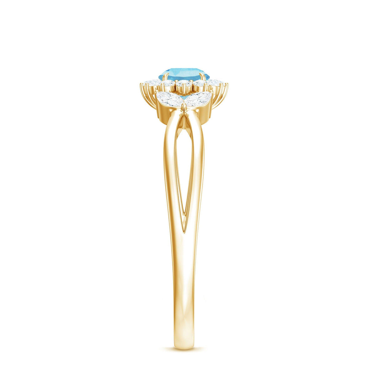 Aquamarine Promise Ring – Floral Design with Diamond Halo & Split Shank Band