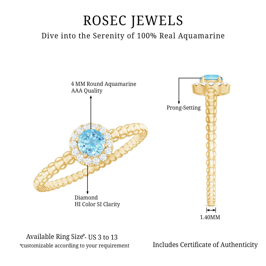 Aquamarine Promise Ring – Natural Blue Gemstone with Diamond Accents & Bubble Shank