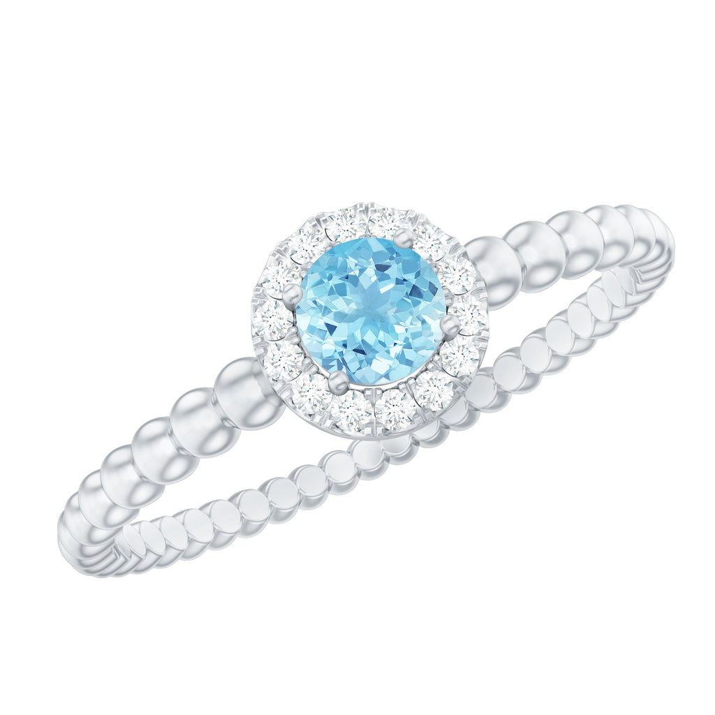 Aquamarine Promise Ring – Natural Blue Gemstone with Diamond Accents & Bubble Shank