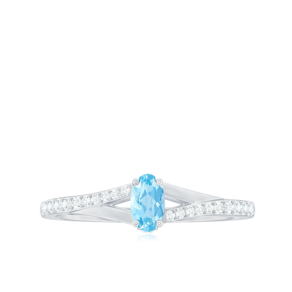 Aquamarine Promise Ring – Oval Aquamarine Stone with Diamond Split Shank Design