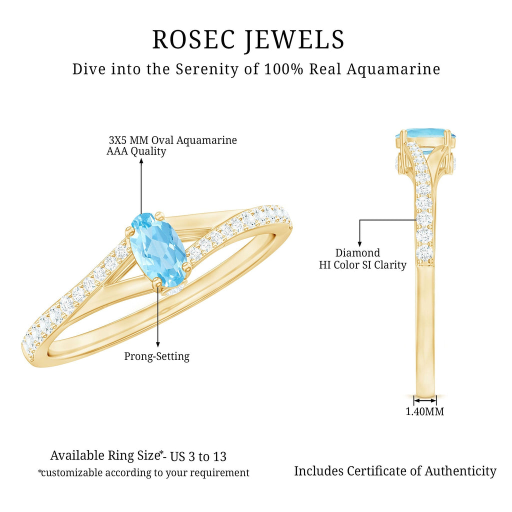 Aquamarine Promise Ring – Oval Aquamarine Stone with Diamond Split Shank Design
