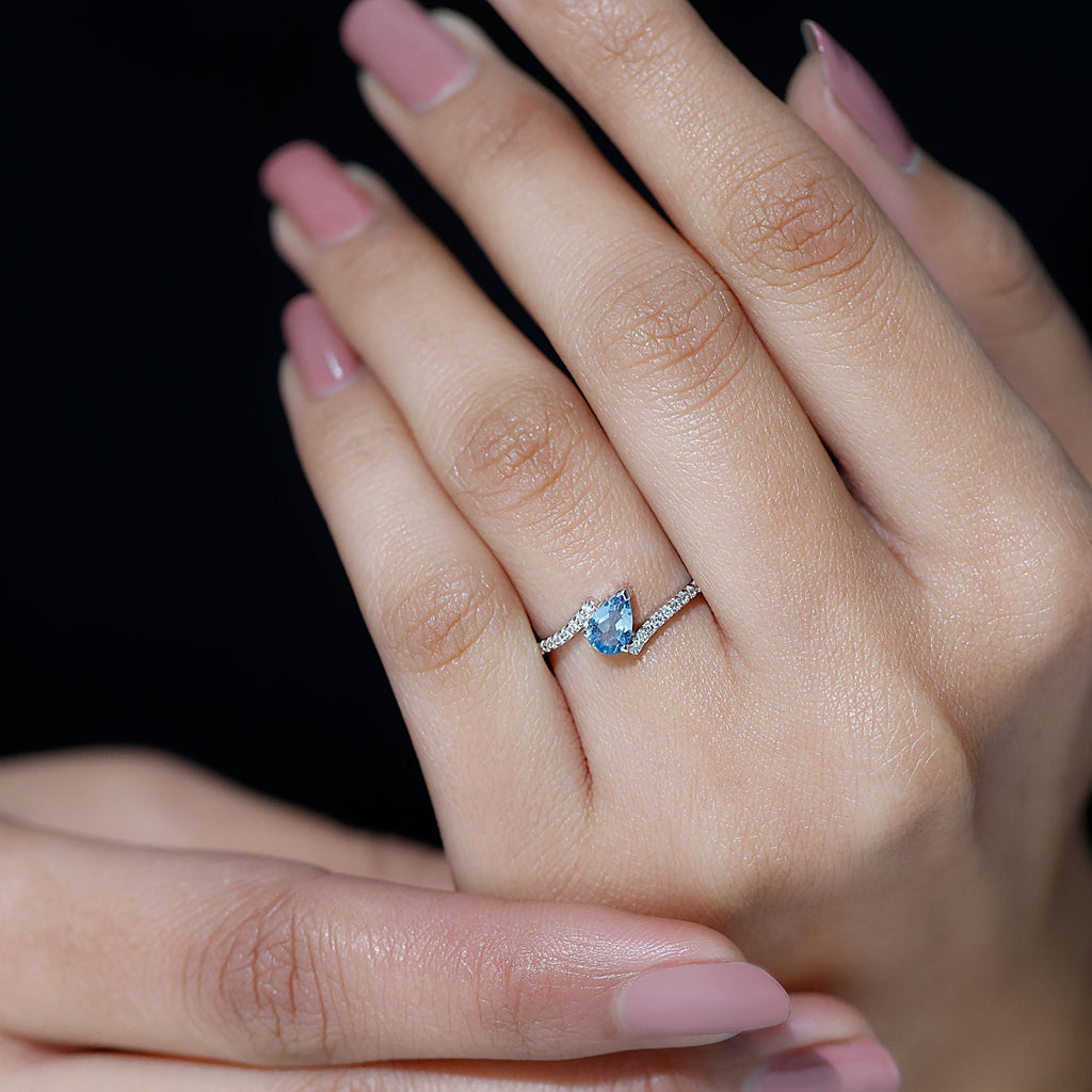 Aquamarine Promise Ring – Pear Cut Aquamarine With Diamond Bypass Band Sparkling