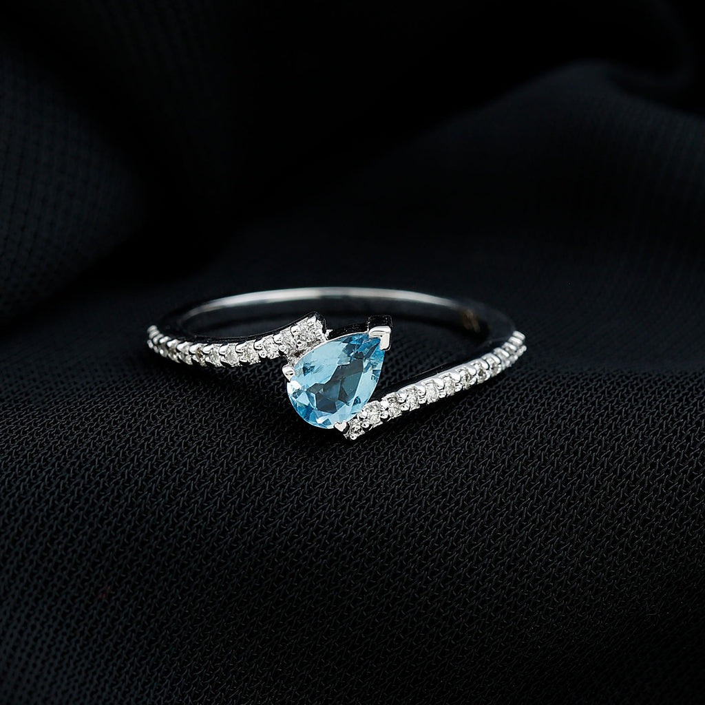 Aquamarine Promise Ring – Pear Cut Aquamarine With Diamond Bypass Band Sparkling