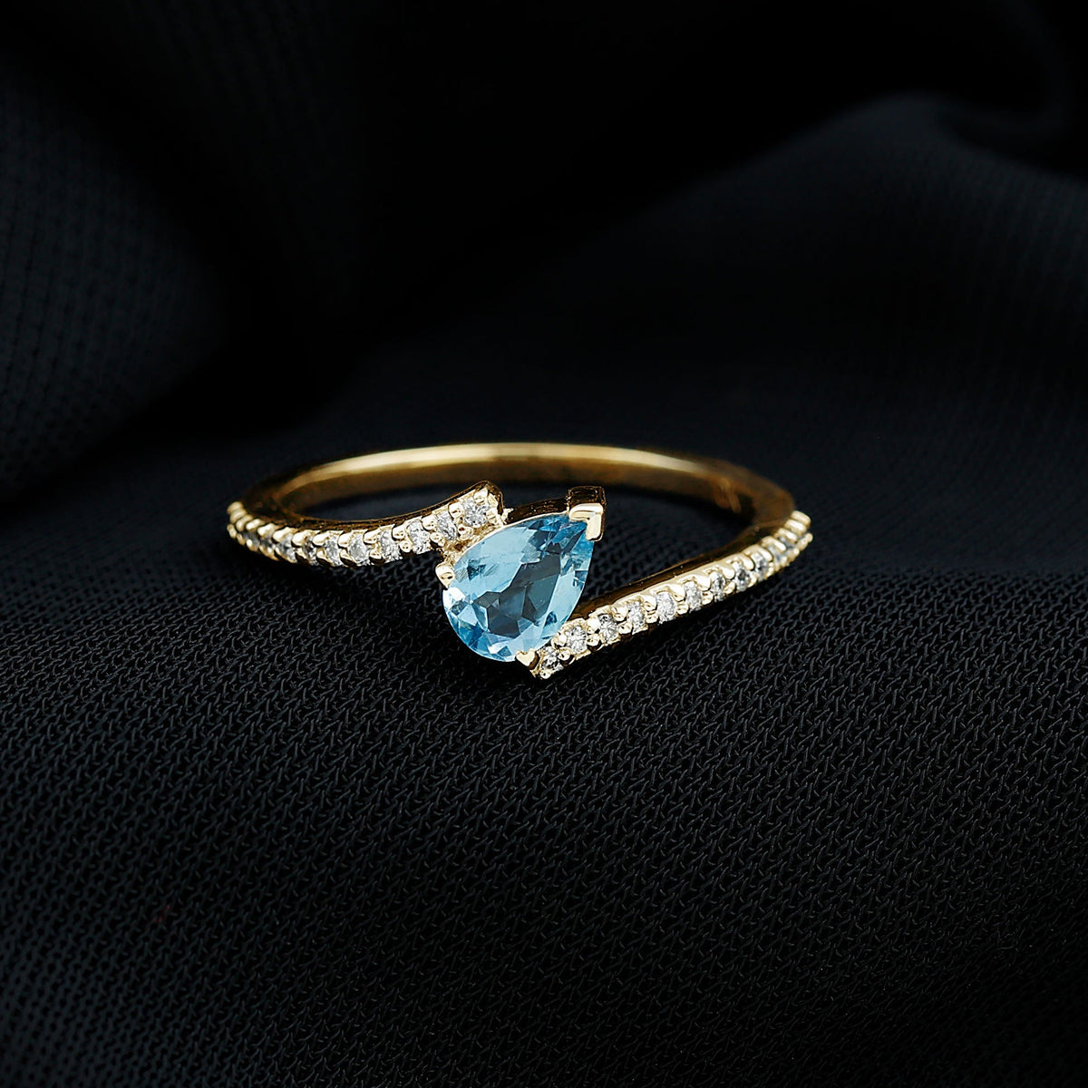 Aquamarine Promise Ring – Pear Cut Aquamarine With Diamond Bypass Band Sparkling