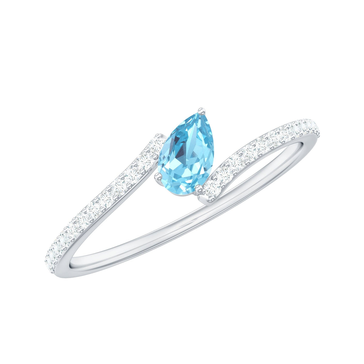 Aquamarine Promise Ring – Pear Cut Aquamarine With Diamond Bypass Band Sparkling