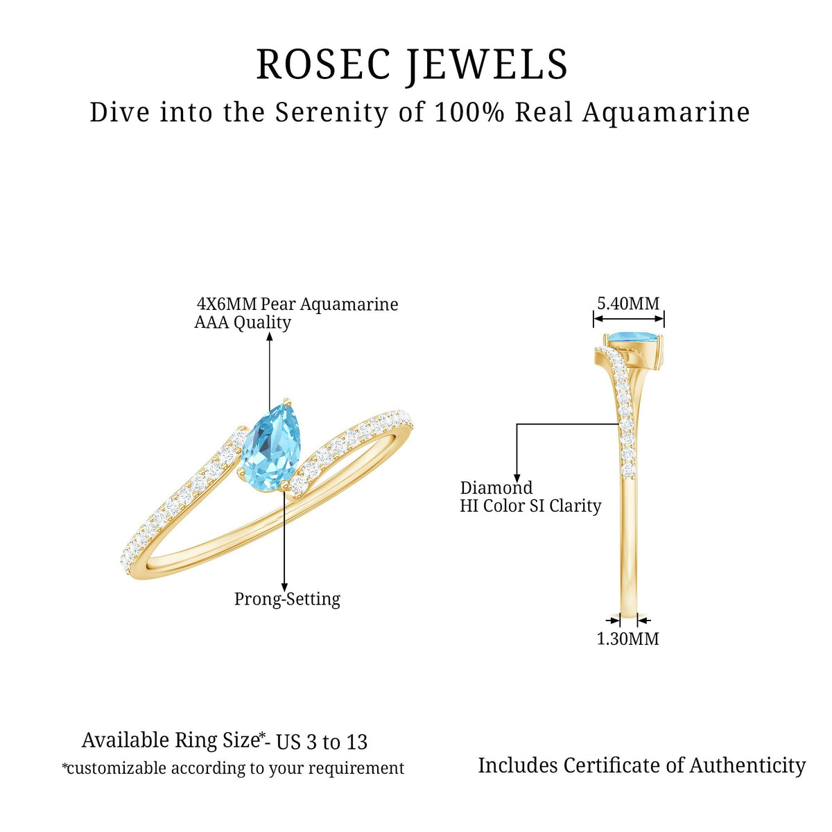 Aquamarine Promise Ring – Pear Cut Aquamarine With Diamond Bypass Band Sparkling