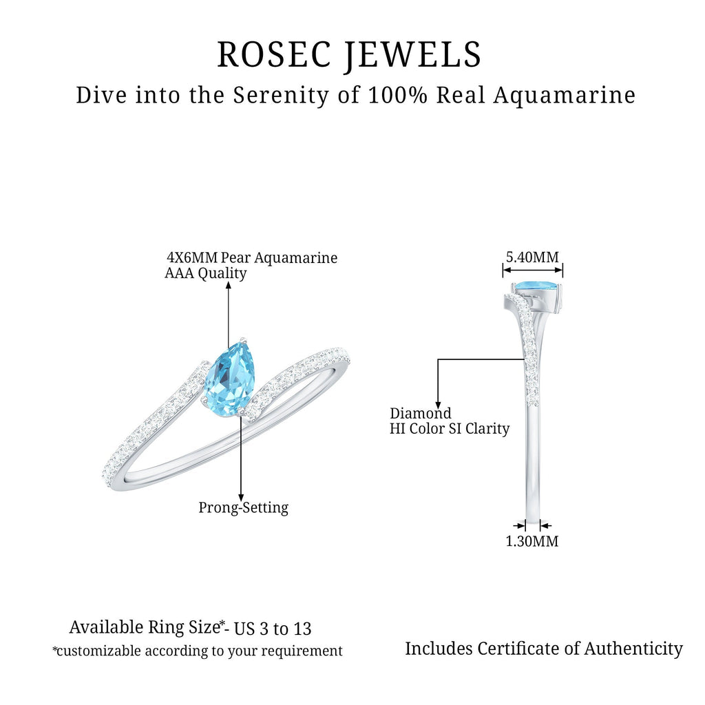 Aquamarine Promise Ring – Pear Cut Aquamarine With Diamond Bypass Band Sparkling