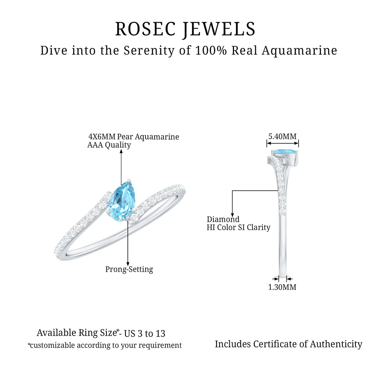 Aquamarine Promise Ring – Pear Cut Aquamarine With Diamond Bypass Band Sparkling