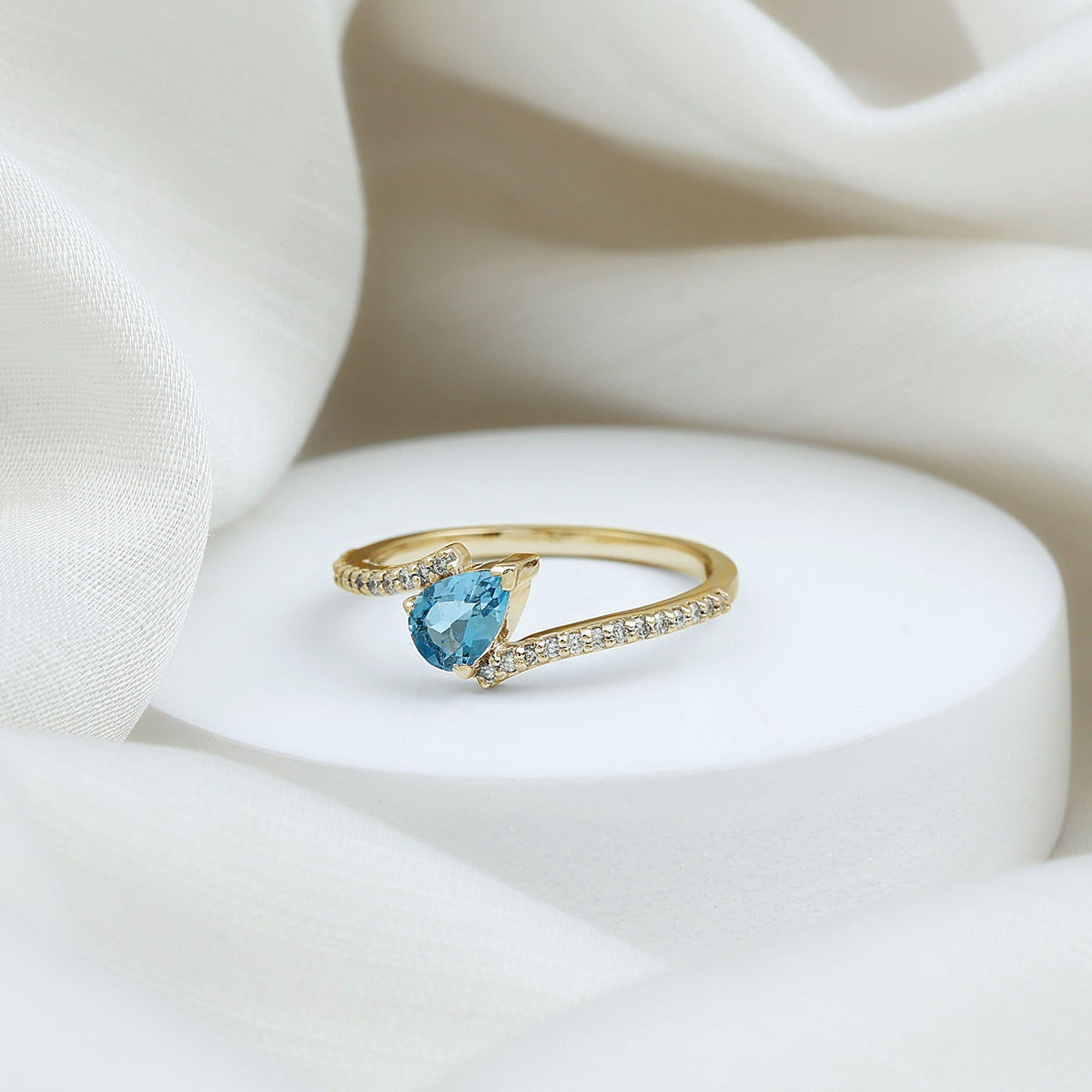 Aquamarine Promise Ring – Pear Cut Aquamarine With Diamond Bypass Band Sparkling
