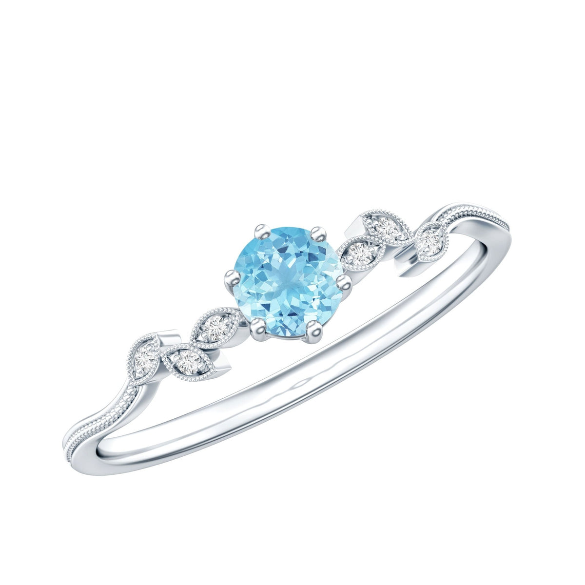 Aquamarine Promise Ring – Round Cut Blue Gemstone With Diamond Leaf Design