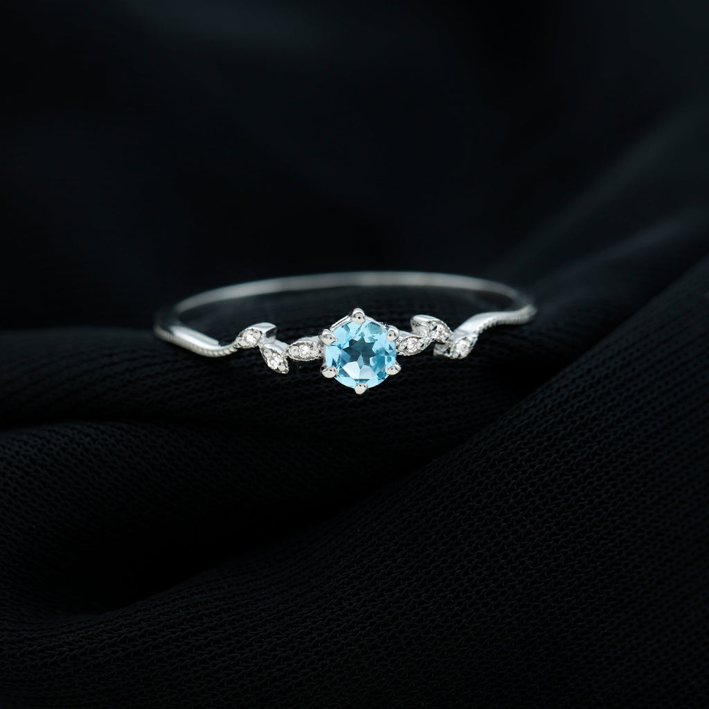 Aquamarine Promise Ring – Round Cut Blue Gemstone With Diamond Leaf Design