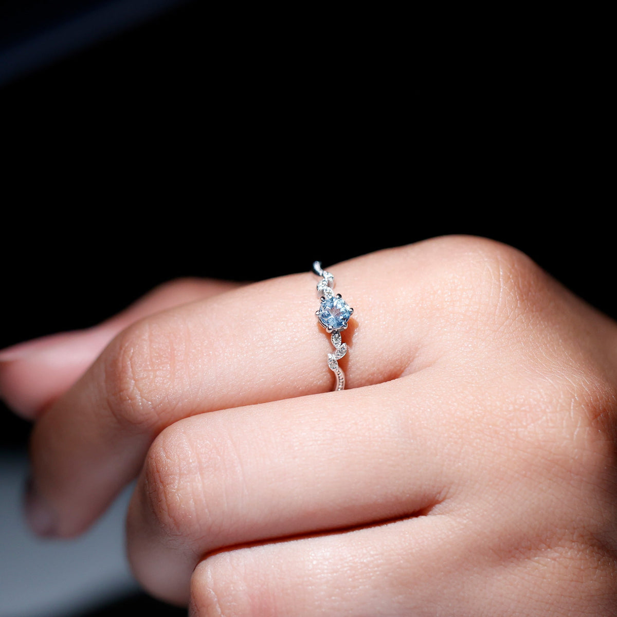 Aquamarine Promise Ring – Round Cut Blue Gemstone With Diamond Leaf Design