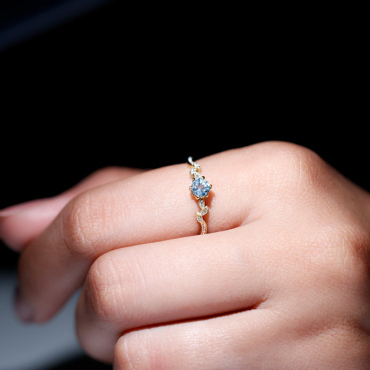 Aquamarine Promise Ring – Round Cut Blue Gemstone With Diamond Leaf Design