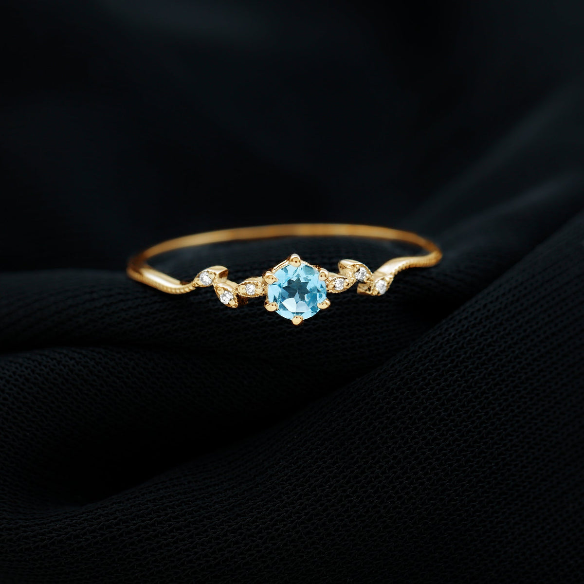 Aquamarine Promise Ring – Round Cut Blue Gemstone With Diamond Leaf Design