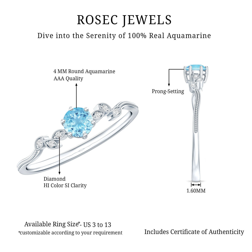 Aquamarine Promise Ring – Round Cut Blue Gemstone With Diamond Leaf Design