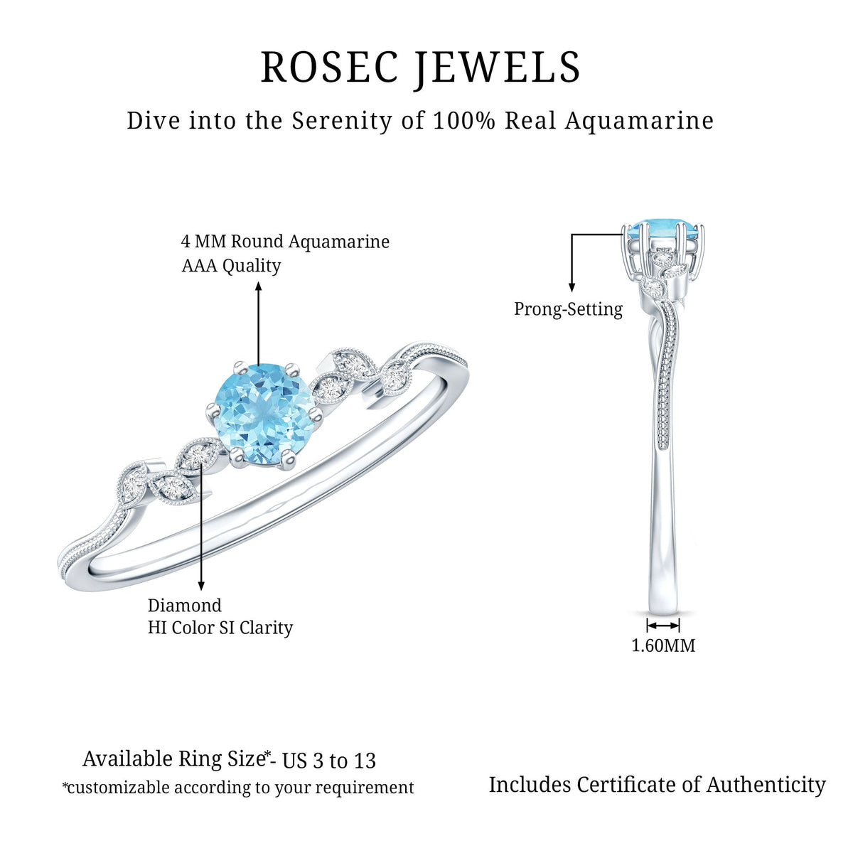 Aquamarine Promise Ring – Round Cut Blue Gemstone With Diamond Leaf Design