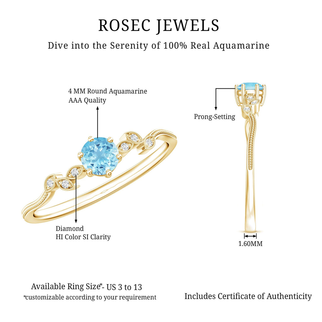 Aquamarine Promise Ring – Round Cut Blue Gemstone With Diamond Leaf Design