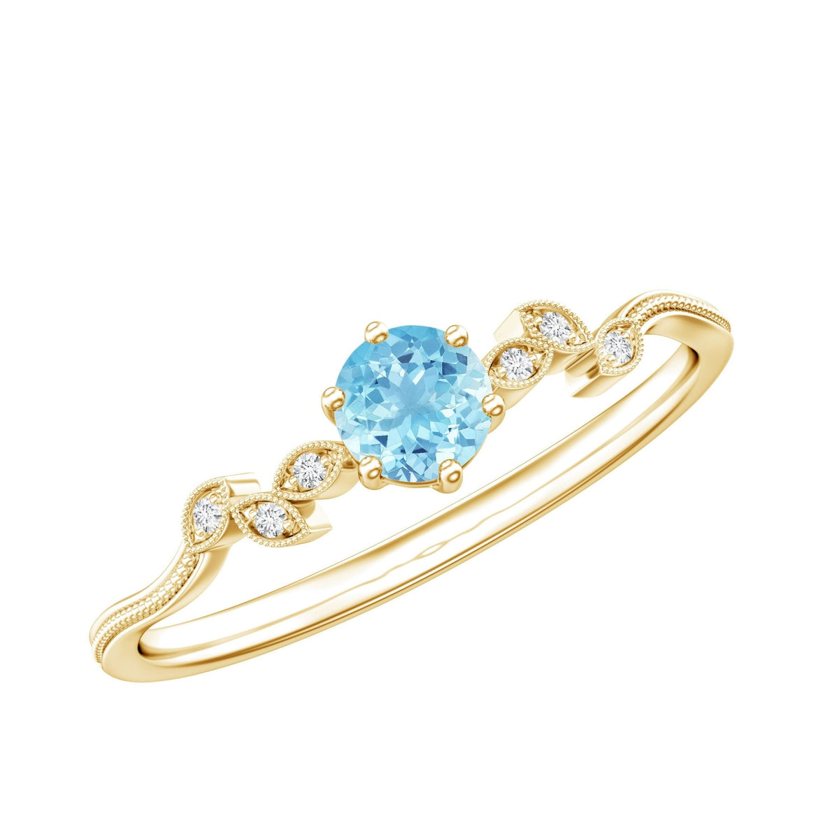 Aquamarine Promise Ring – Round Cut Blue Gemstone With Diamond Leaf Design