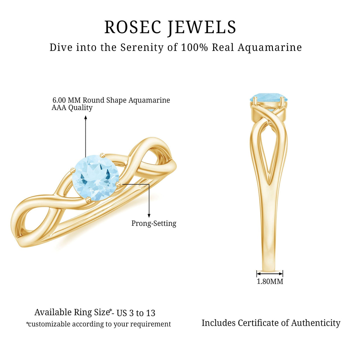 Aquamarine Promise Ring – Solitaire Infinity Band With AAA Quality Stone