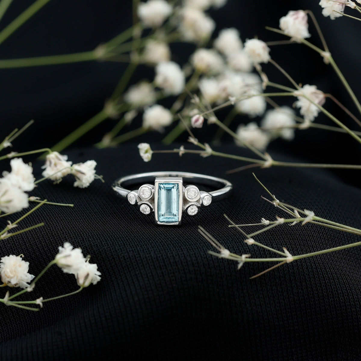 Aquamarine Promise Ring – Sterling Silver Baguette Aquamarine With Moissanite Trio